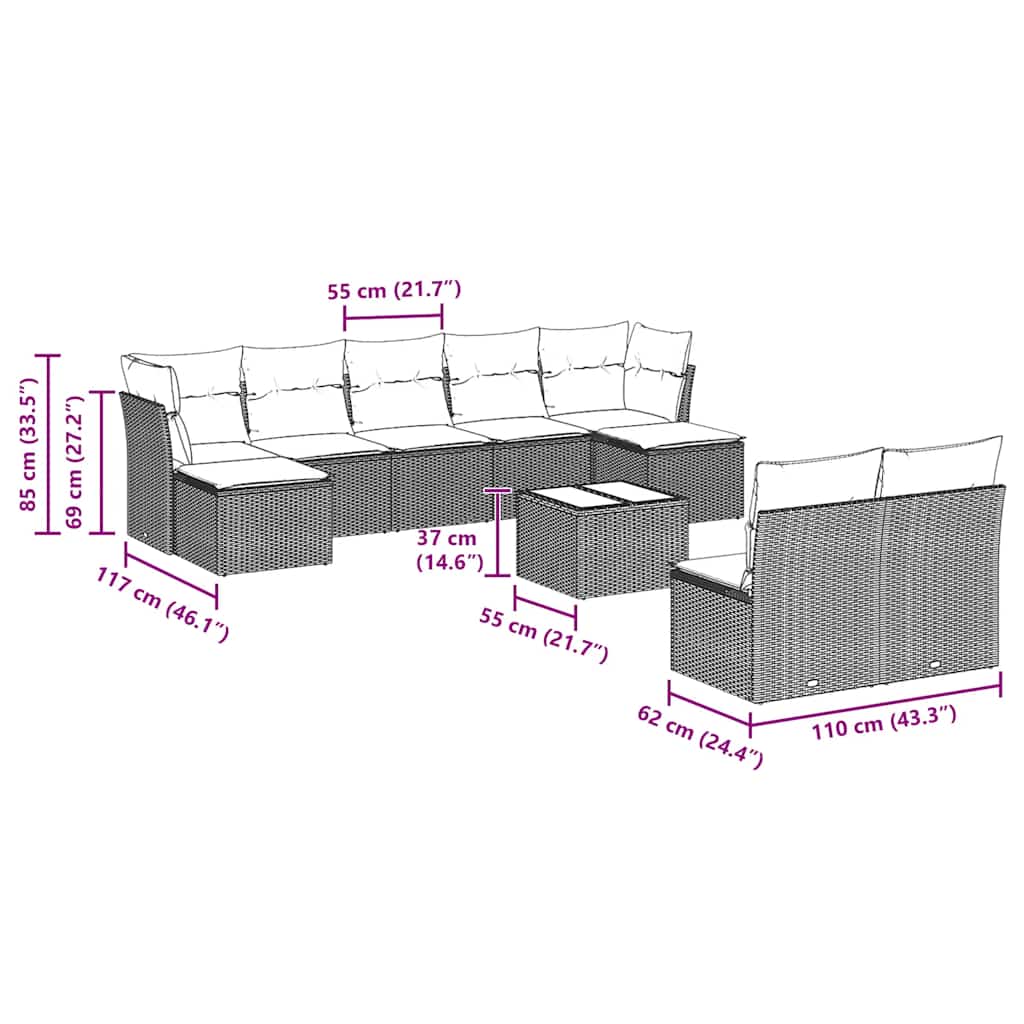 10-tlg. Garten-Sofagarnitur mit Kissen Hellgrau Poly Rattan