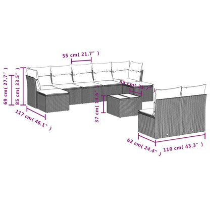 10-tlg. Garten-Sofagarnitur mit Kissen Braun Poly Rattan