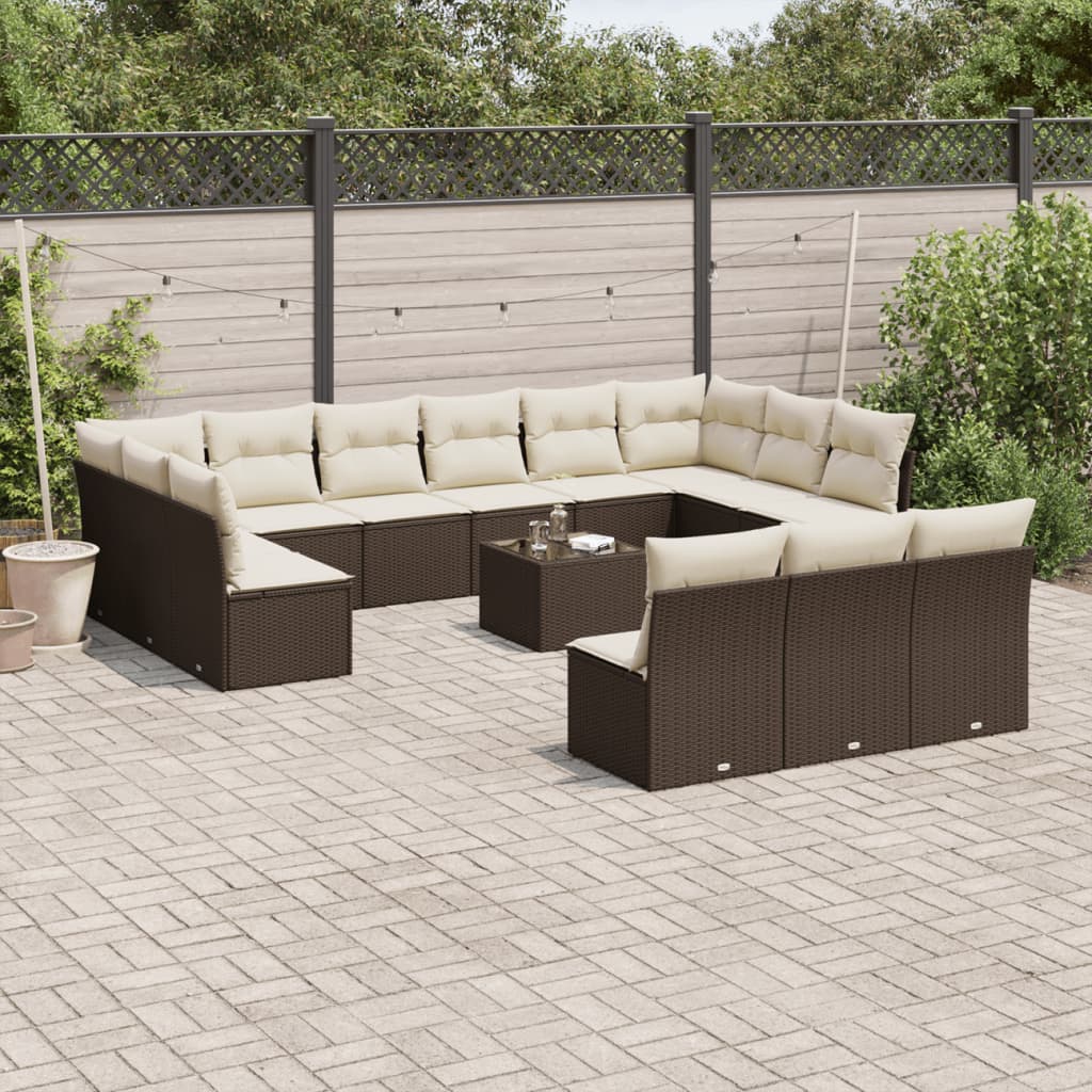 14-tlg. Garten-Sofagarnitur mit Kissen Braun Poly Rattan