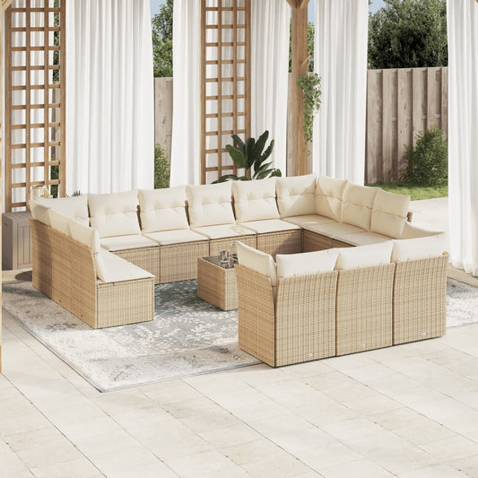 14-tlg. Garten-Sofagarnitur mit Kissen Beige Poly Rattan