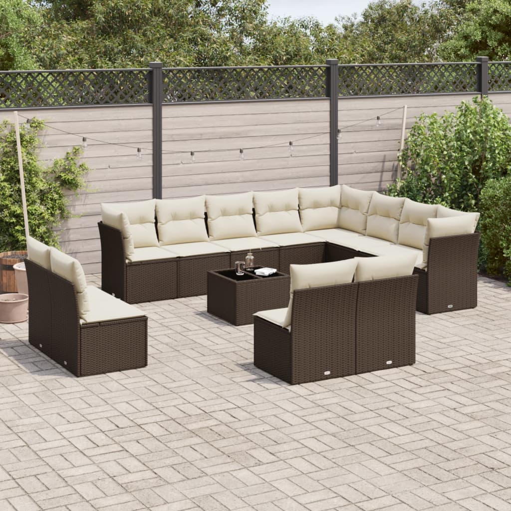 13-tlg. Garten-Sofagarnitur mit Kissen Braun Poly Rattan