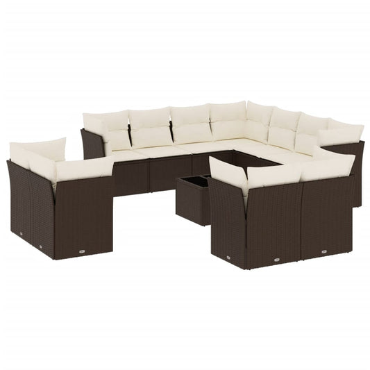 12-tlg. Garten-Sofagarnitur mit Kissen Braun Poly Rattan