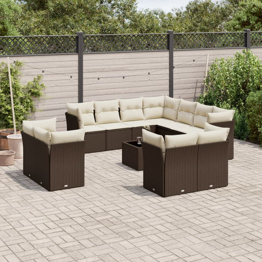 12-tlg. Garten-Sofagarnitur mit Kissen Braun Poly Rattan