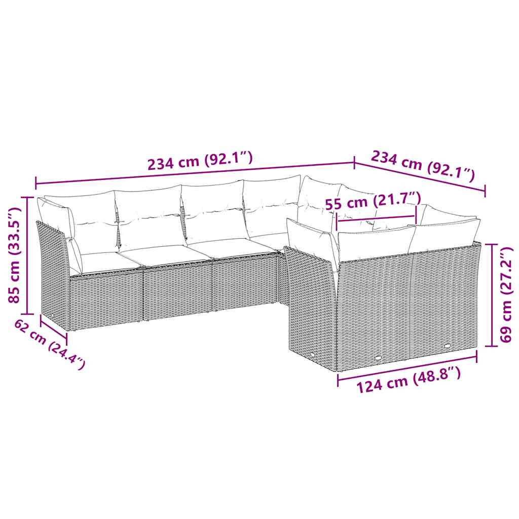 8-tlg. Garten-Sofagarnitur mit Kissen Hellgrau Poly Rattan