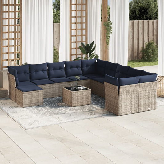 12-tlg. Garten-Sofagarnitur mit Kissen Grau Poly Rattan
