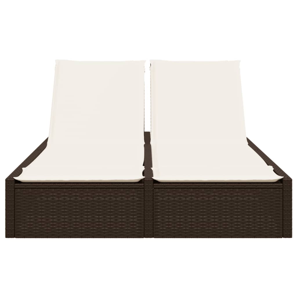 Doppel-Sonnenliege mit Auflagen Braun Poly Rattan