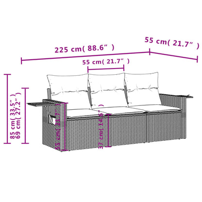 3-teiliges Gartensofa-Set mit Kissen, schwarzes Polyrattan