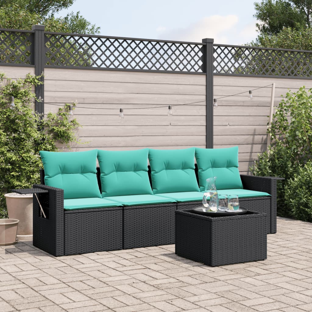 5-teiliges Gartensofa-Set mit Kissen, schwarzes Polyrattan