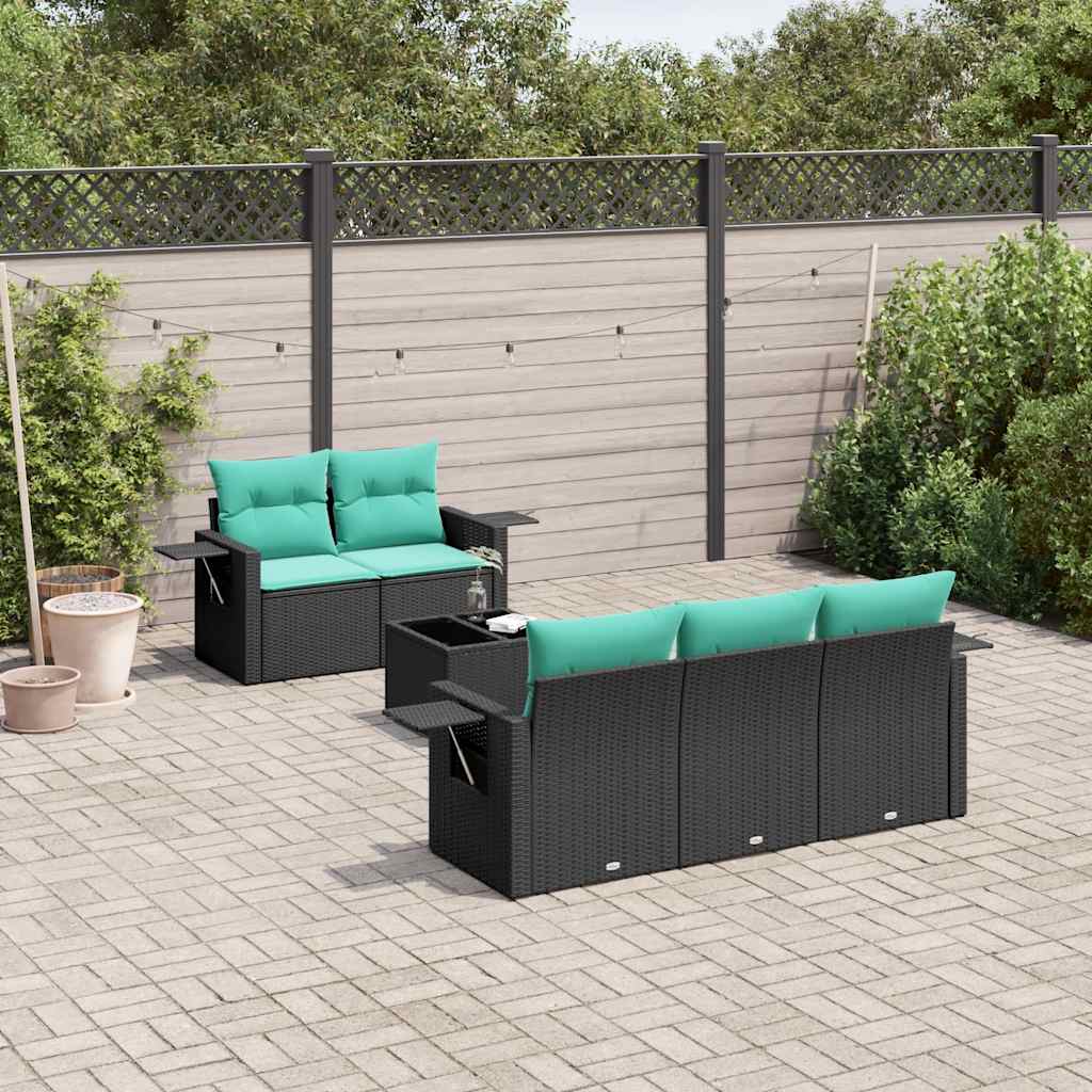 6-teiliges Gartensofa-Set mit Kissen, schwarzes Polyrattan