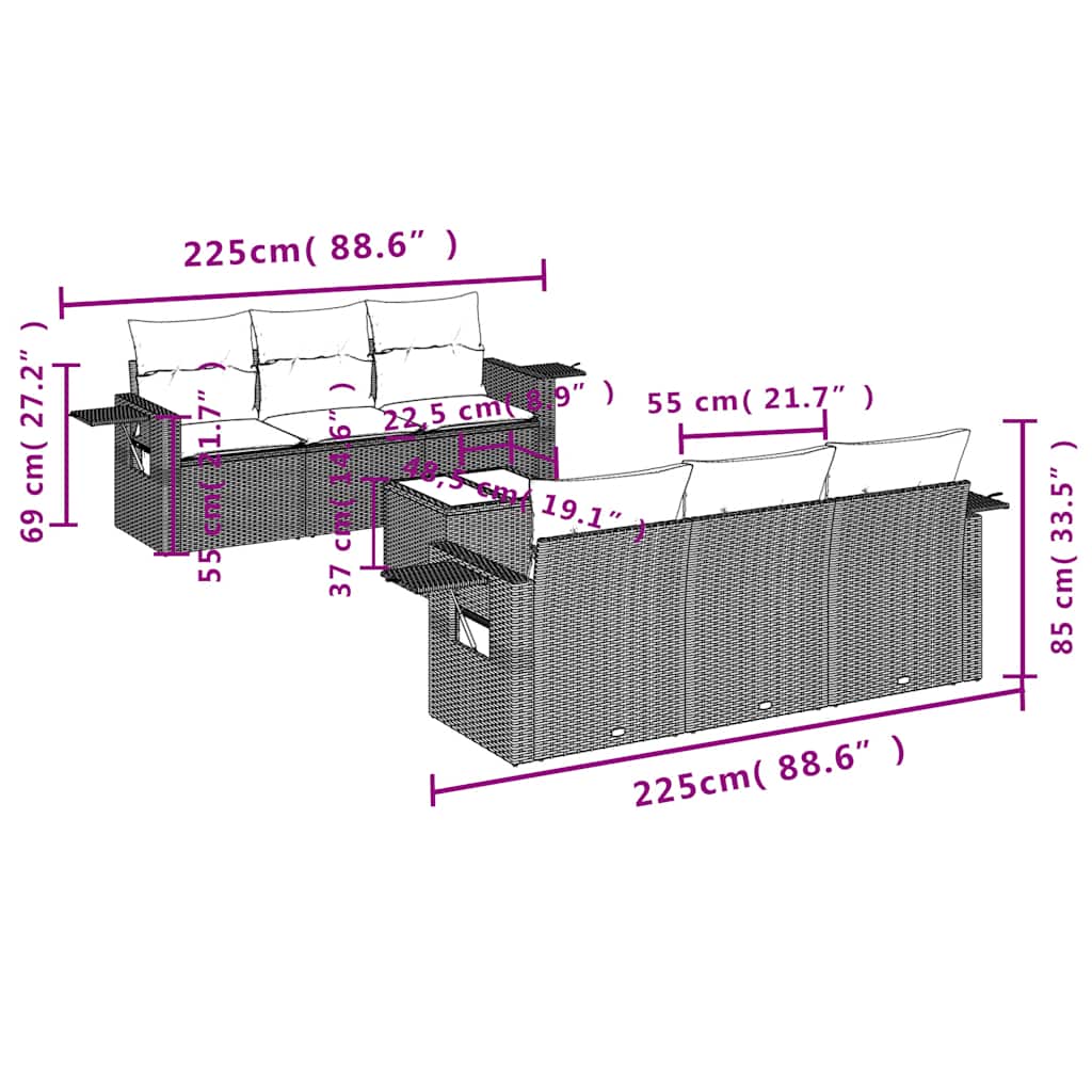 7-teiliges Gartensofa-Set mit Kissen, grau, Polyrattan