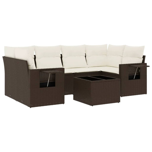 7-tlg. Garten-Sofagarnitur mit Kissen Braun Poly Rattan