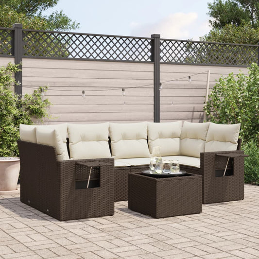 7-tlg. Garten-Sofagarnitur mit Kissen Braun Poly Rattan