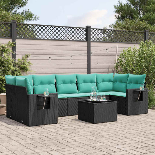 8-teiliges Gartensofa-Set mit Kissen, schwarzes Polyrattan