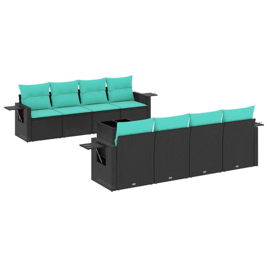 9-teiliges Gartensofa-Set mit Kissen, schwarzes Polyrattan