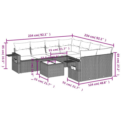 9-teiliges Gartensofa-Set mit Kissen, schwarzes Polyrattan