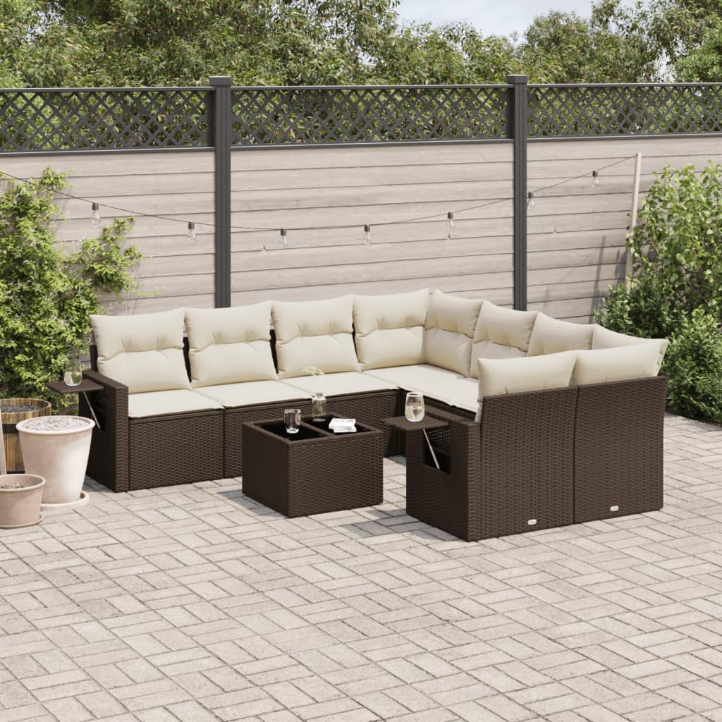 9-tlg. Garten-Sofagarnitur mit Kissen Braun Poly Rattan