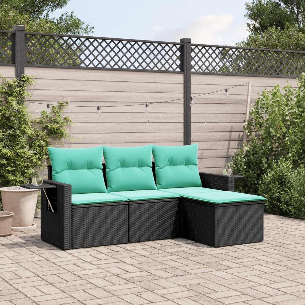 4-teiliges Gartensofa-Set mit Kissen, schwarzes Polyrattan