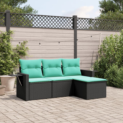 4-teiliges Gartensofa-Set mit Kissen, schwarzes Polyrattan