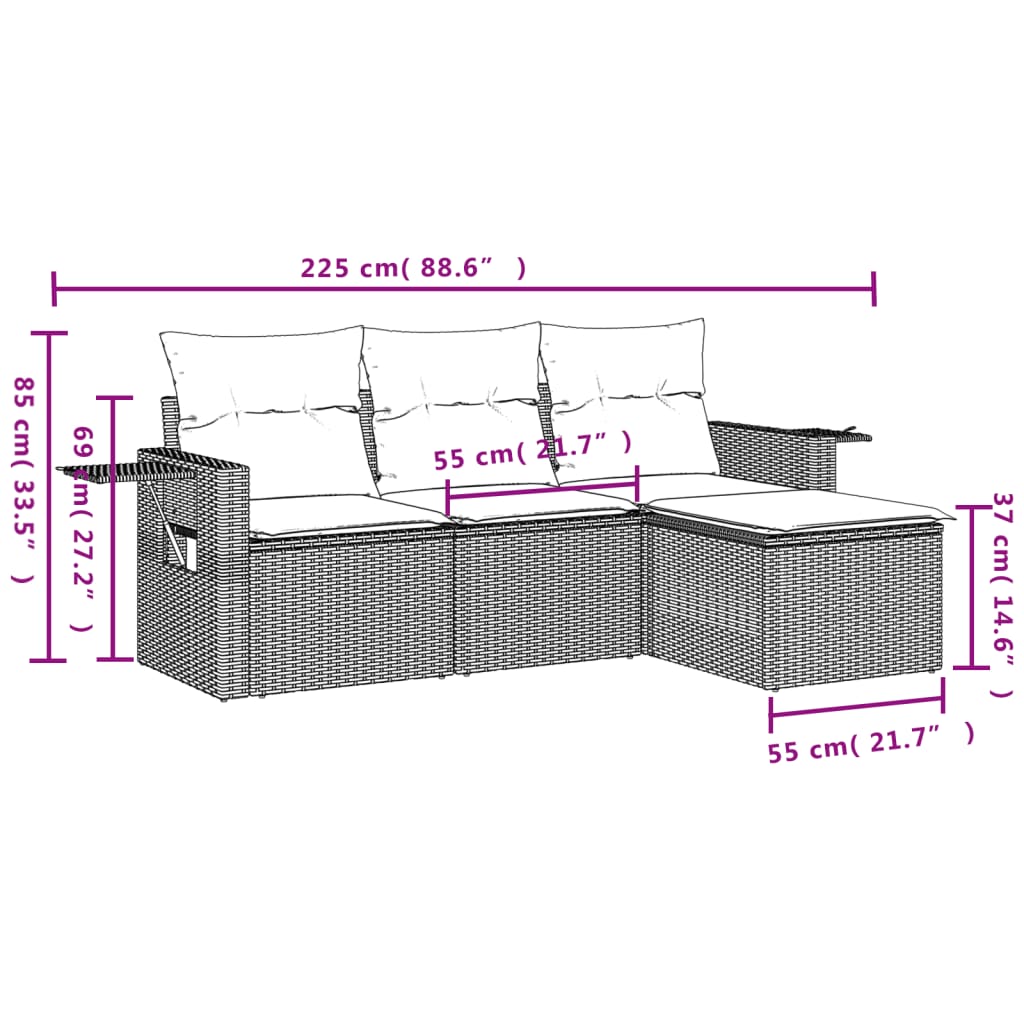 4-teiliges Gartensofa-Set mit Kissen, grau, Polyrattan