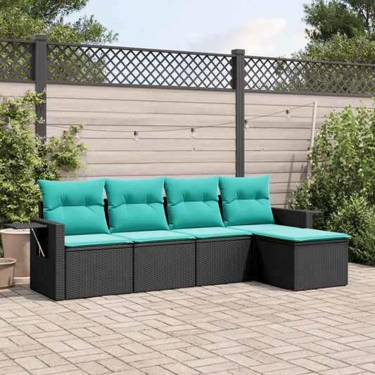 5-teiliges Gartensofa-Set mit Kissen, schwarzes Polyrattan