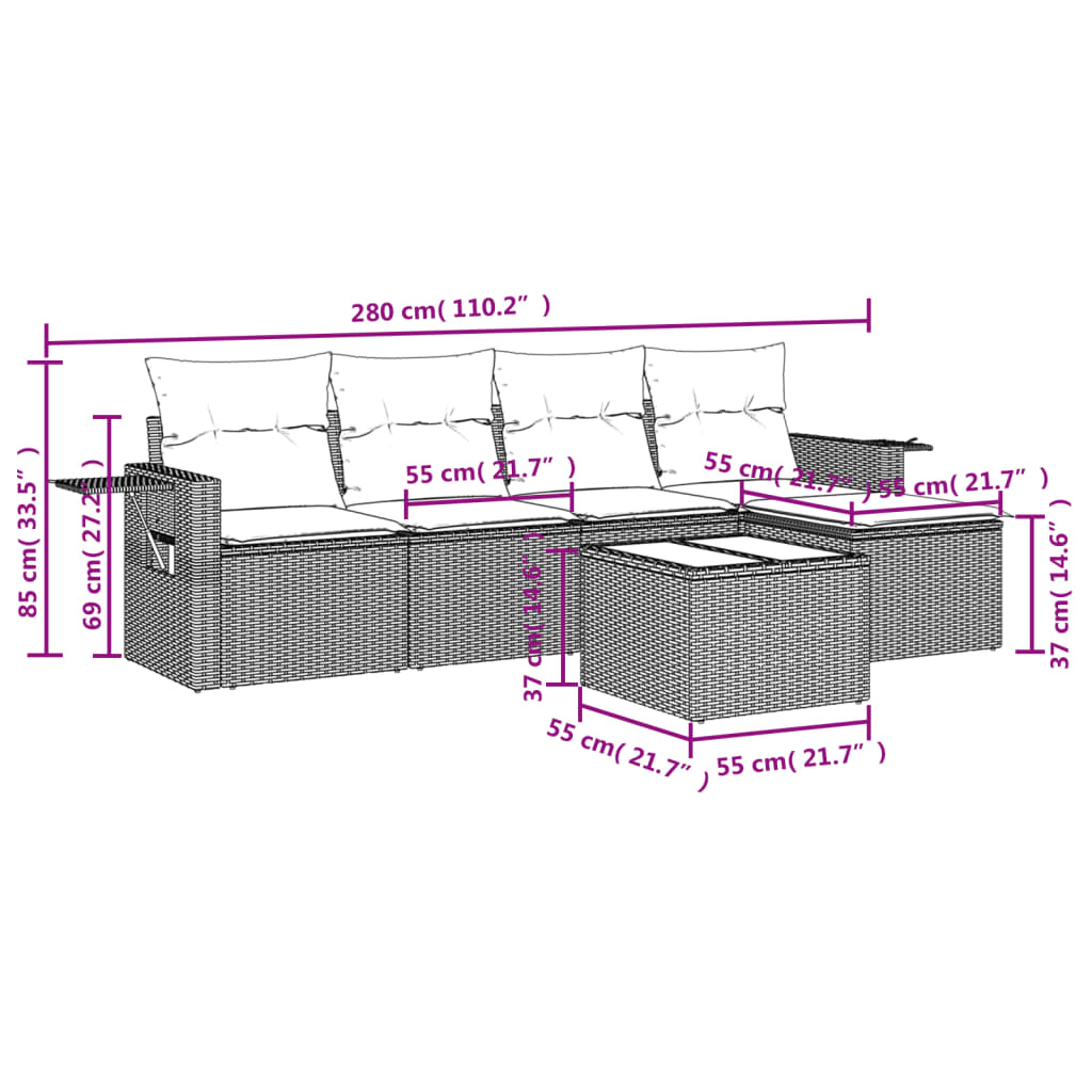6-teiliges Gartensofa-Set mit Kissen, schwarzes Polyrattan