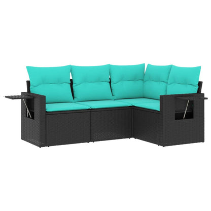 4-teiliges Gartensofa-Set mit Kissen, schwarzes Polyrattan