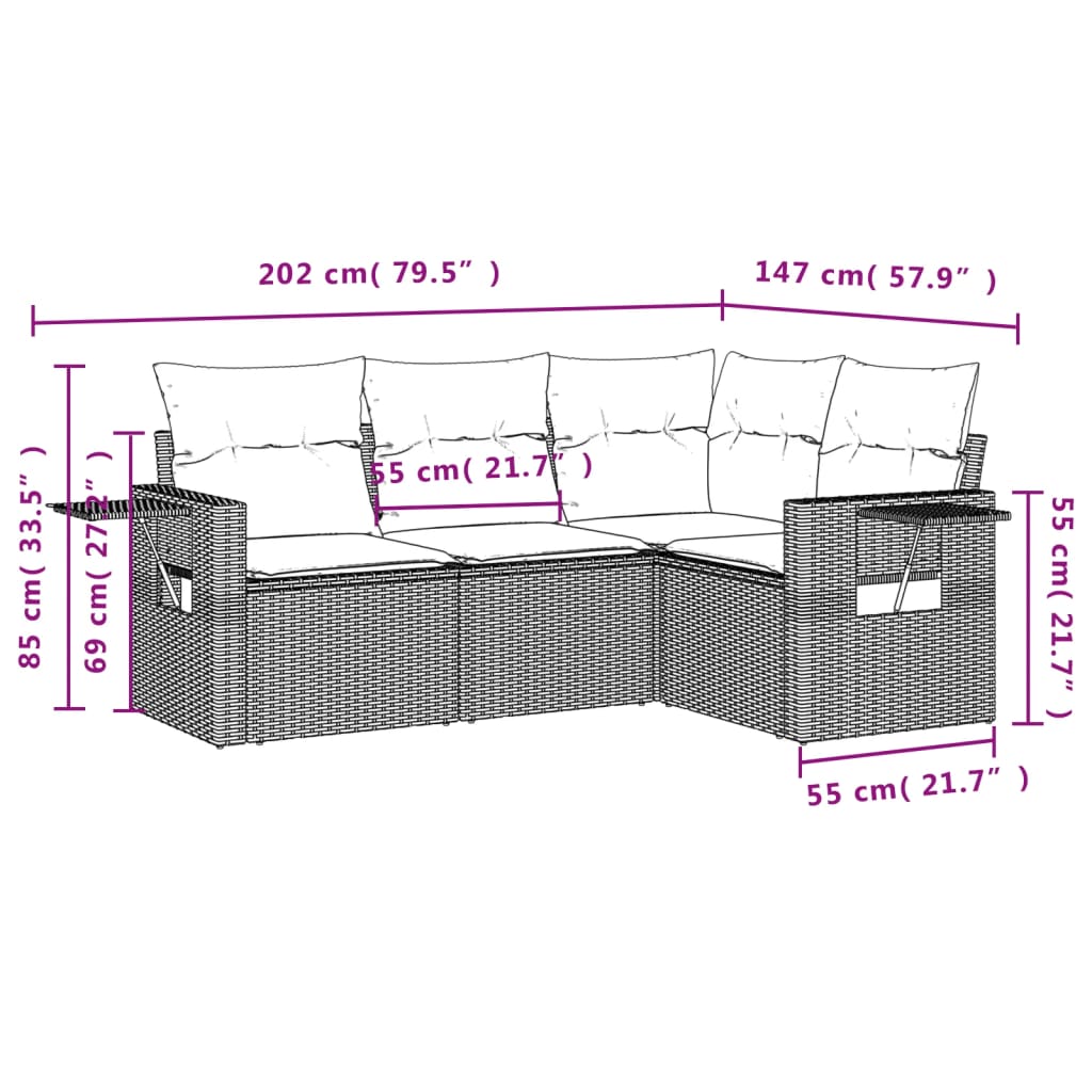 4-teiliges Gartensofa-Set mit Kissen, grau, Polyrattan