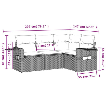 4-teiliges Gartensofa-Set mit Kissen, grau, Polyrattan