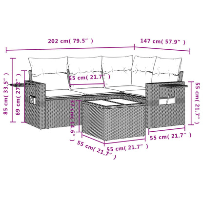 5-teiliges Gartensofa-Set mit Kissen, schwarzes Polyrattan