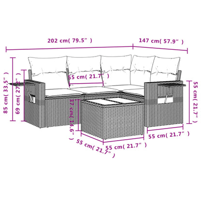 5-teiliges Gartensofa-Set mit Kissen, grau, Polyrattan