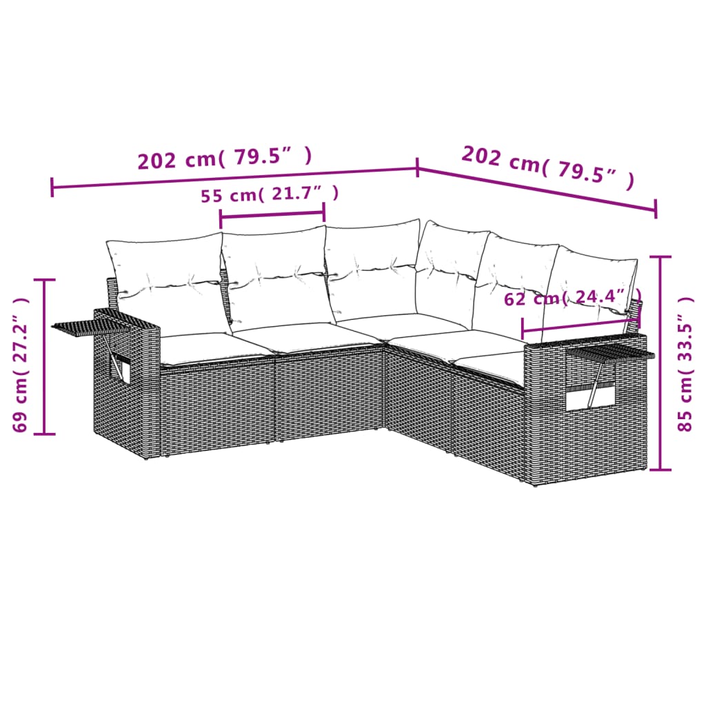 5-teiliges Gartensofa-Set mit Kissen, schwarzes Polyrattan
