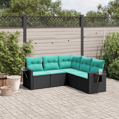 5-teiliges Gartensofa-Set mit Kissen, schwarzes Polyrattan