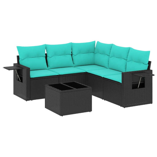 6-teiliges Gartensofa-Set mit Kissen, schwarzes Polyrattan