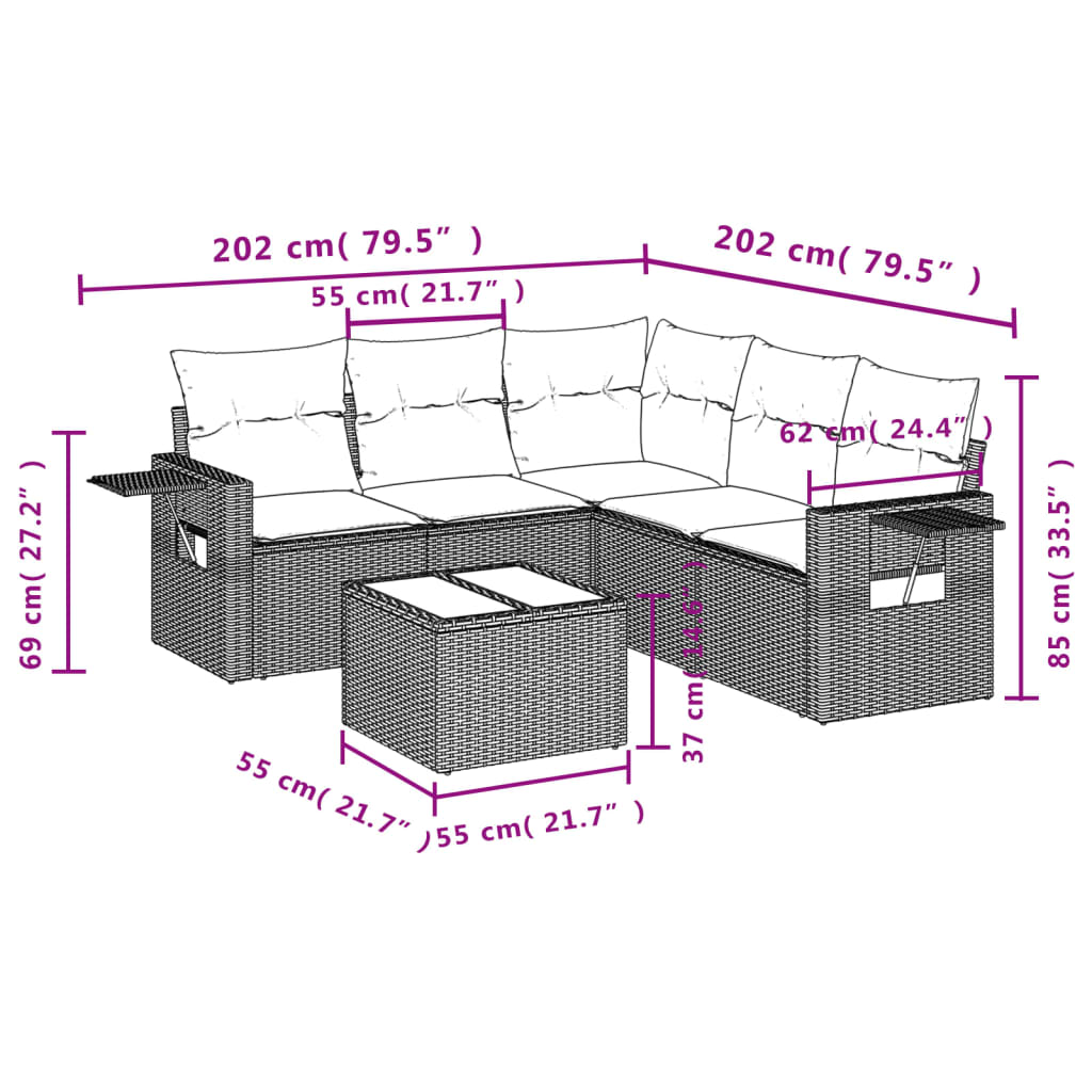 6-teiliges Gartensofa-Set mit Kissen, schwarzes Polyrattan