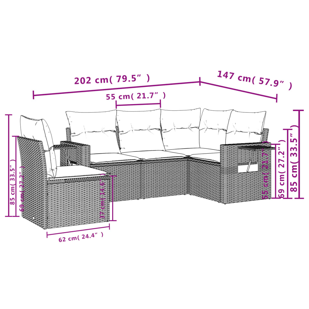 5-teiliges Gartensofa-Set mit Kissen, schwarzes Polyrattan