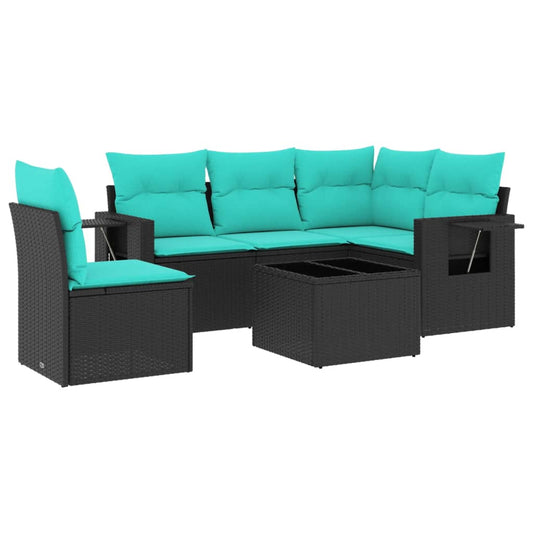 6-teiliges Gartensofa-Set mit Kissen, schwarzes Polyrattan