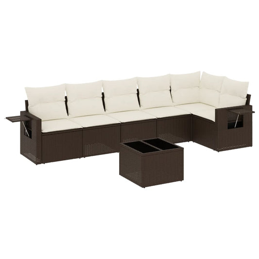 7-tlg. Garten-Sofagarnitur mit Kissen Braun Poly Rattan