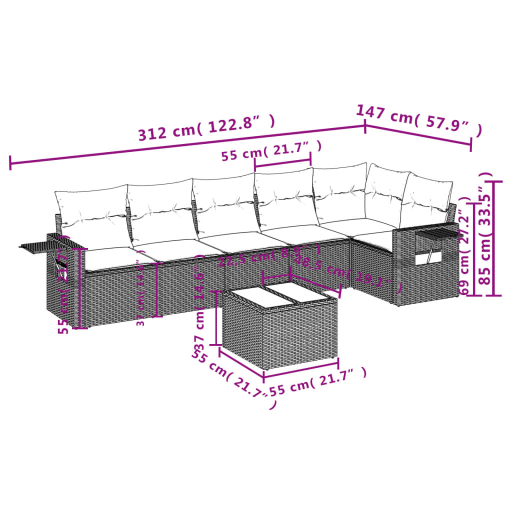 7-teiliges Gartensofa-Set mit Kissen, braun, Polyrattan