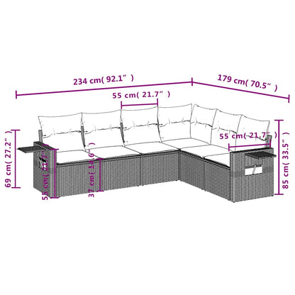 6-teiliges Gartensofa-Set mit Kissen, grau, Polyrattan