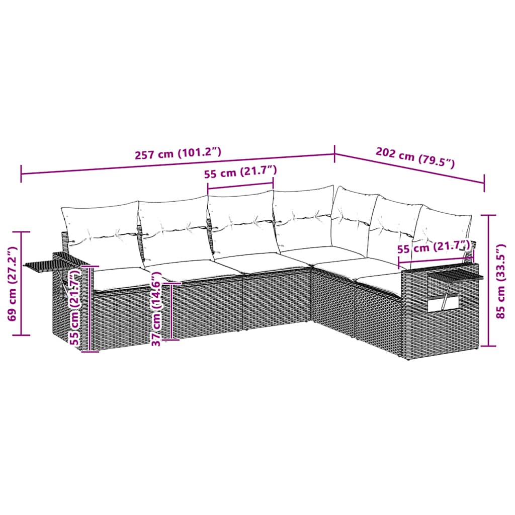 6-tlg. Garten-Sofagarnitur mit Kissen Hellgrau Poly Rattan