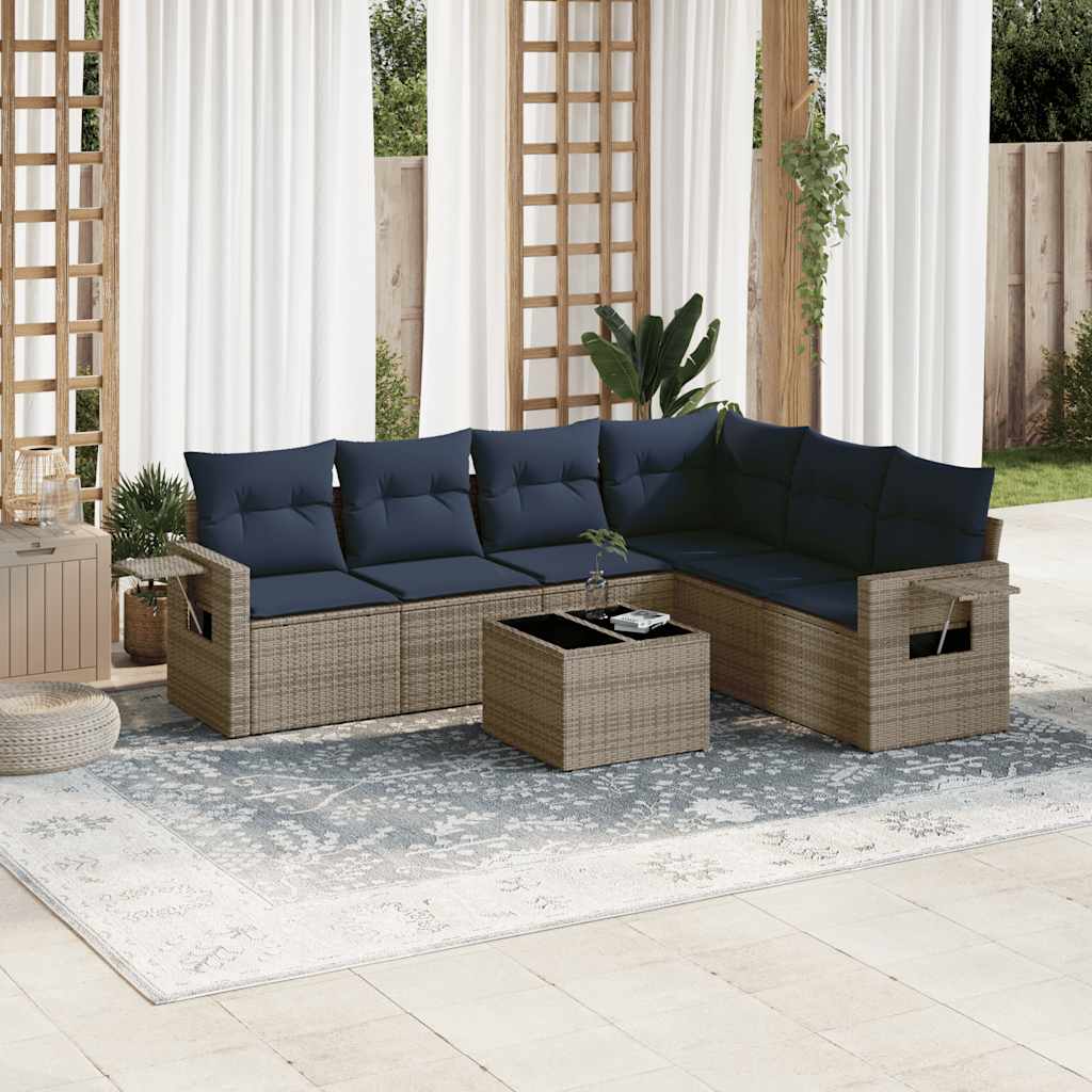 7-teiliges Gartensofa-Set mit Kissen, grau, Polyrattan