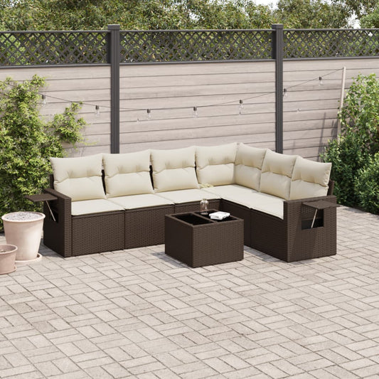 7-tlg. Garten-Sofagarnitur mit Kissen Braun Poly Rattan