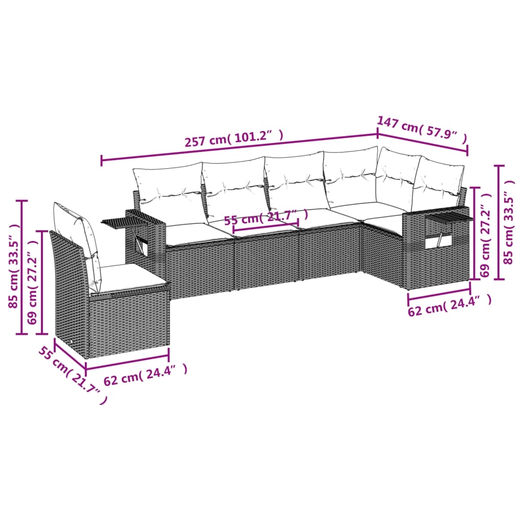 6-teiliges Gartensofa-Set mit Kissen, schwarzes Polyrattan