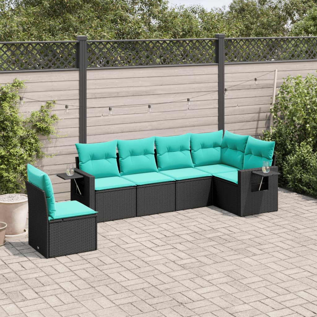 6-teiliges Gartensofa-Set mit Kissen, schwarzes Polyrattan