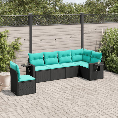 6-teiliges Gartensofa-Set mit Kissen, schwarzes Polyrattan