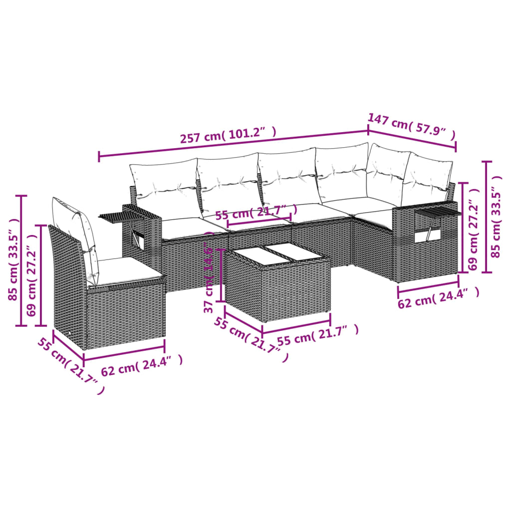 7-teiliges Gartensofa-Set mit Kissen, grau, Polyrattan