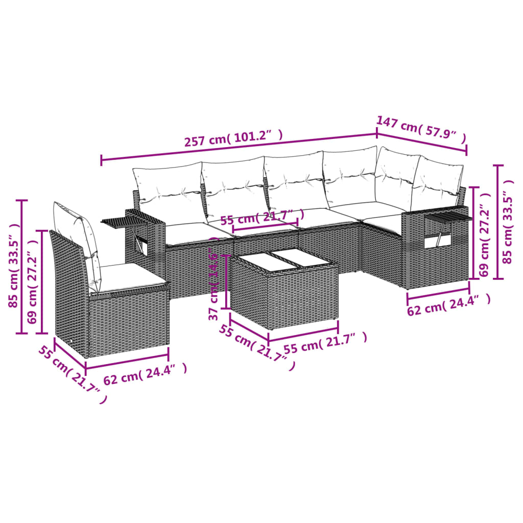 7-teiliges Gartensofa-Set mit Kissen, braun, Polyrattan
