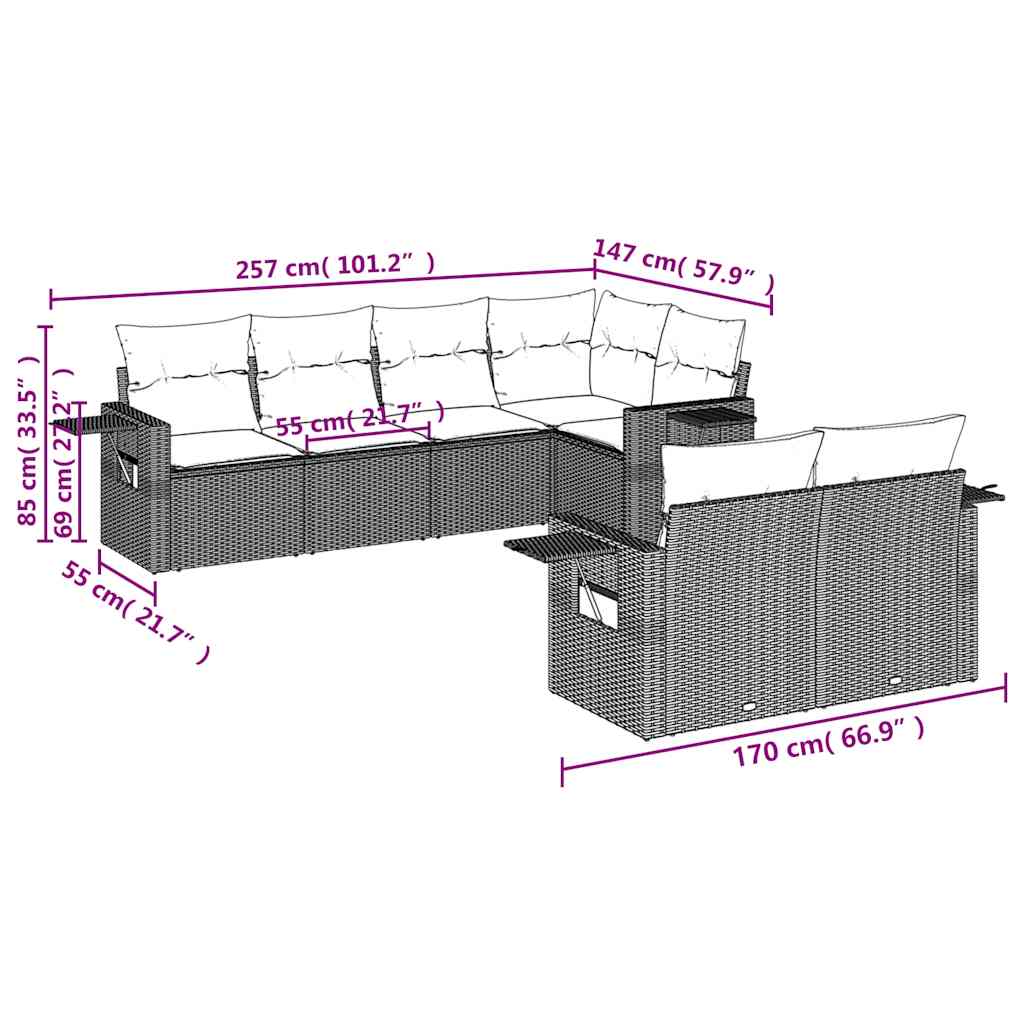 7-teiliges Gartensofa-Set mit Kissen, braun, Polyrattan