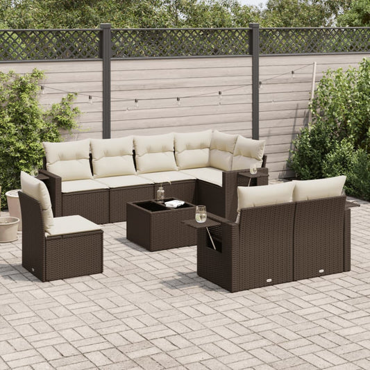 9-tlg. Garten-Sofagarnitur mit Kissen Braun Poly Rattan