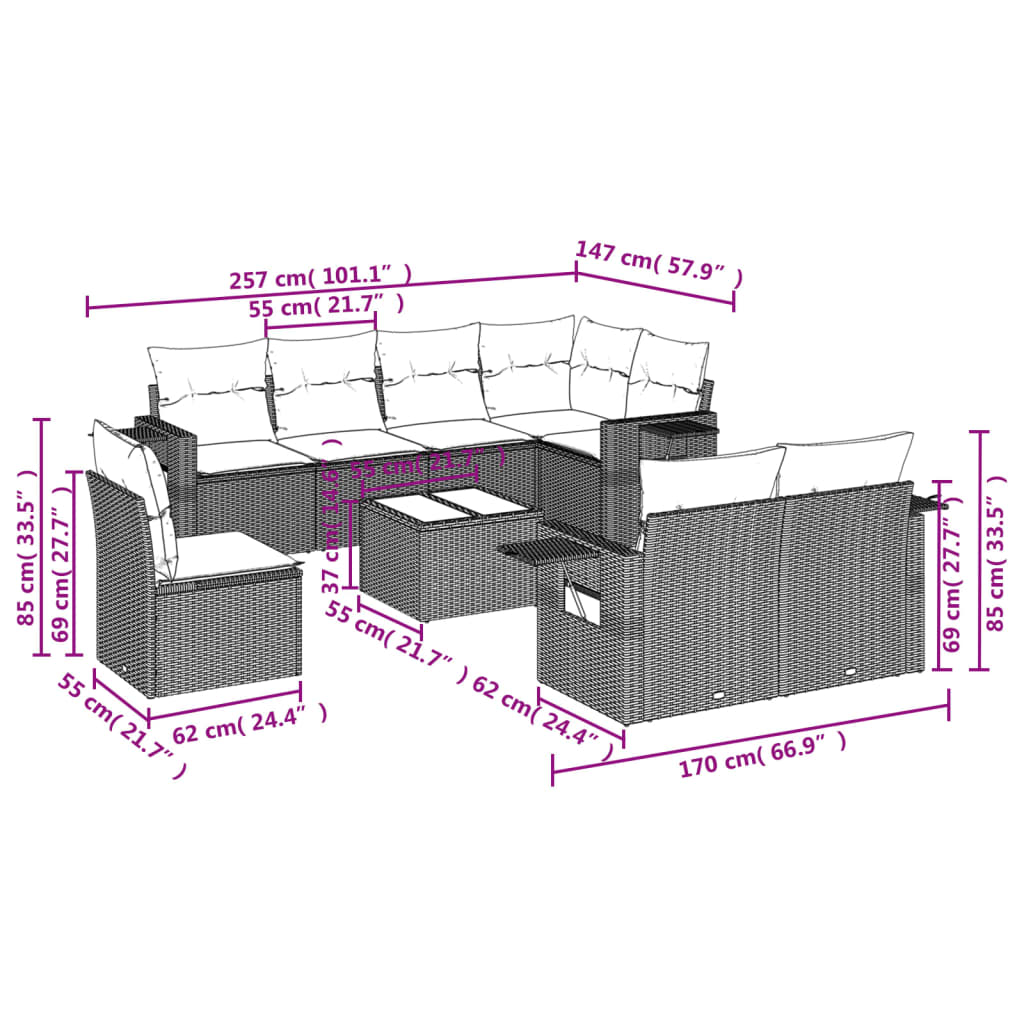 9-teiliges Gartensofa-Set mit Kissen, braun, Polyrattan
